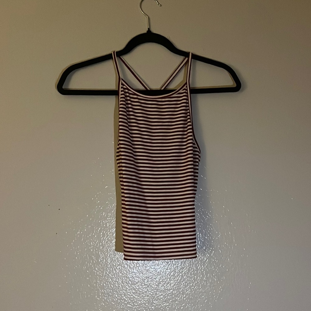 maroon and white tank top